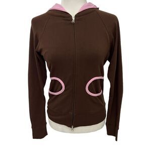 Zoe NWT !! Neiman’s Dark Brown Large Pink Full Zip Hooded Jacket